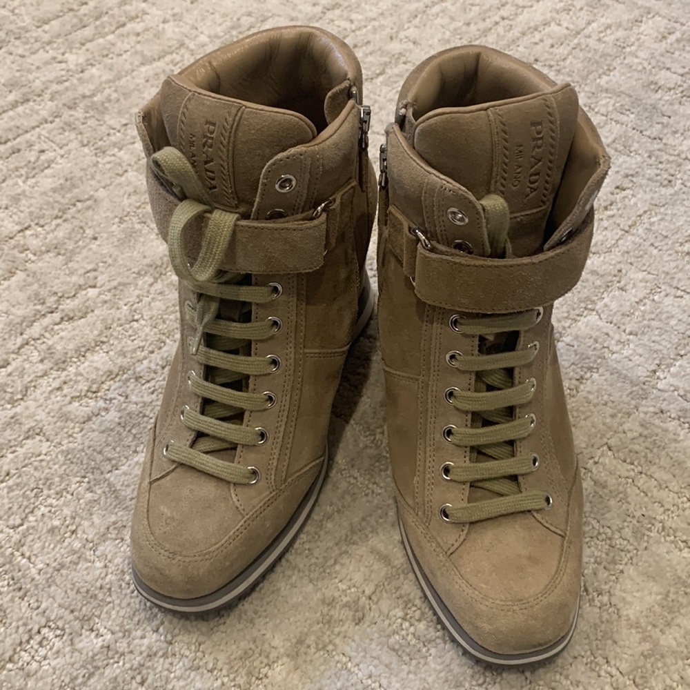 Prada ( Authentic ) suede wedge lace up sneaker